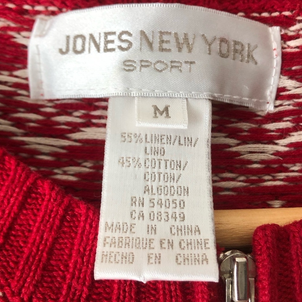 Jones New York Fair Isle Full Zip Knit Sweater Red Ivory Size Medium - Picture 13 of 14